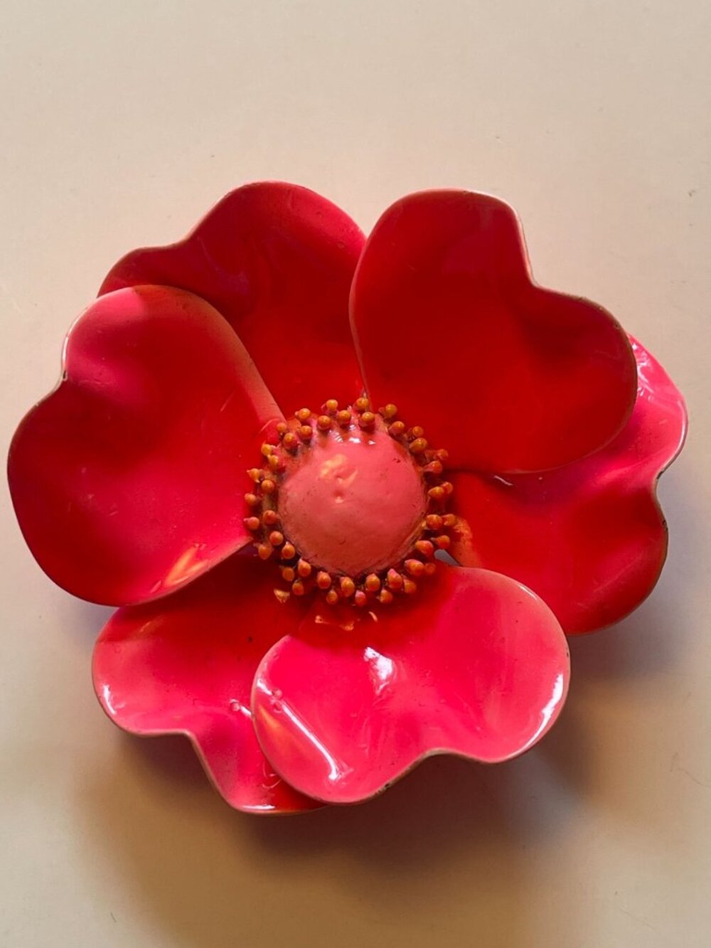 Vintage Pink Enamel Metal Flower Power Brooch 1960s Jewelry Pin Retro Chic State